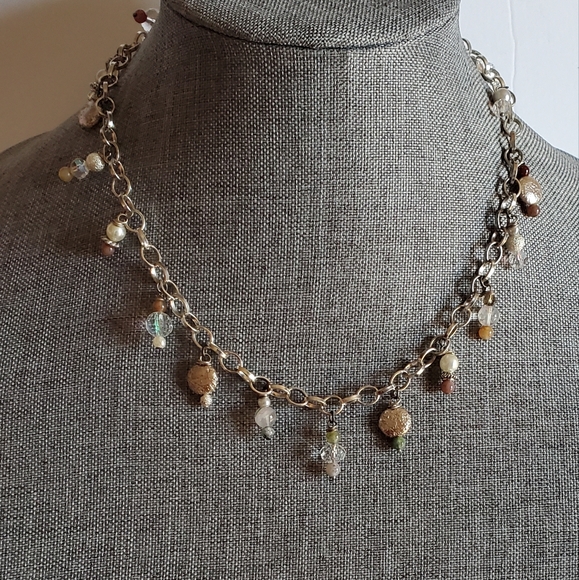 Vintage Jewelry - Vtg. Natural Stones And Faux Pearls Dangled Charms Necklace